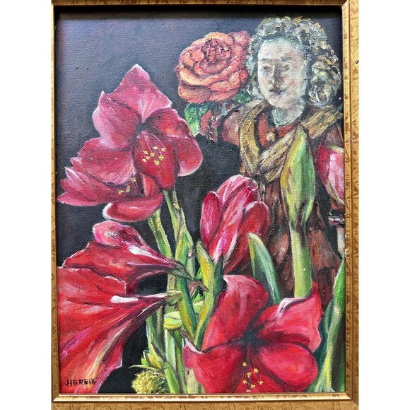 Vintage Amaryllis Oil Painting – Signed Floral Portrait in Ornate Gold Frame - Picture 3 of 3